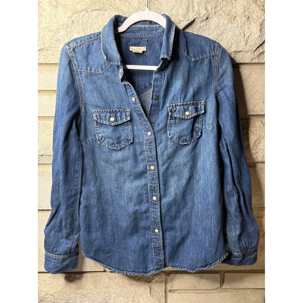 J.Crew Womens Blue Cotton Linen Western Denim Pearl Snap Shirt Medium Wash 4